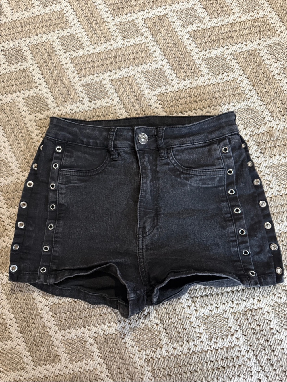 H&M Black High-Rise Denim Shorts with Grommet Detail